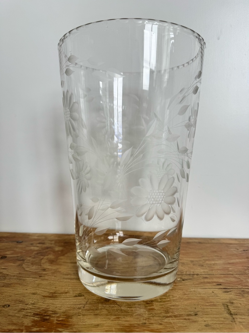 Vintage Clear glass vase with etched cornflower pattern